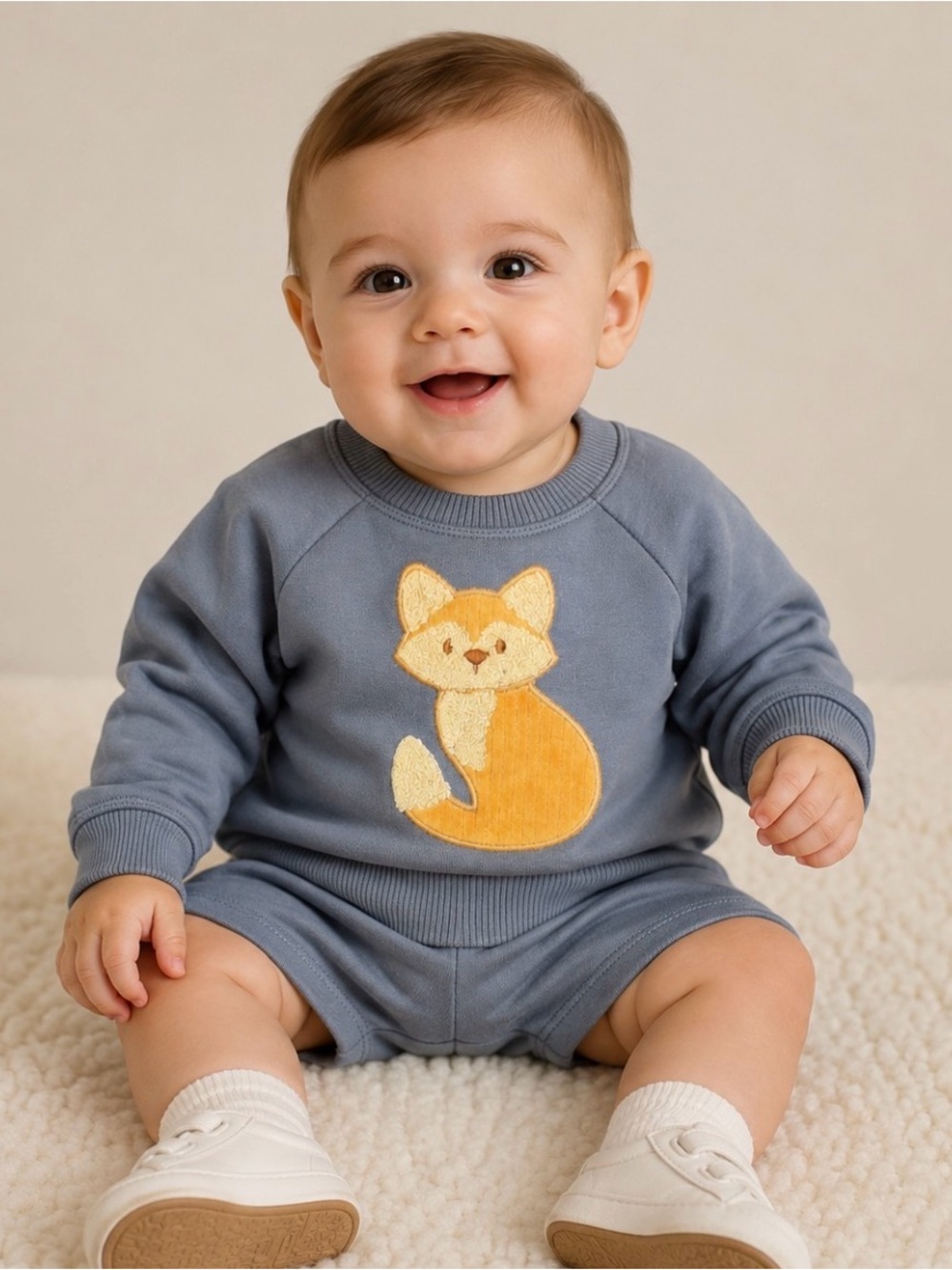 cloud island Blue Sweatshirt and Gray Shorts Set with Fox Appliqué